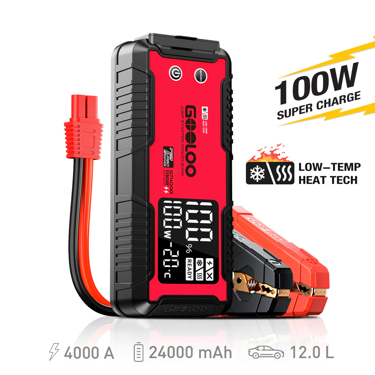 Gooloo GT4000S Jump Starter 26800mAh 4000A Car Starter PD100W Two-Way Fast-Charging Portable Car Battery Charger Booster Pack Up to 10L Diesel and 12L