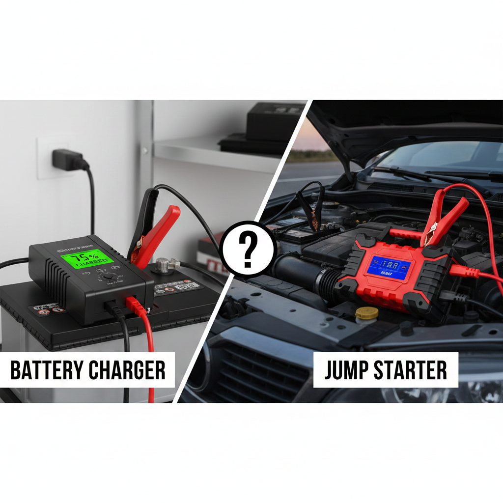 This is a blog cover image designed to compare a battery charger with a jump starter.