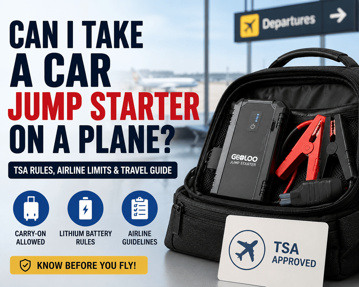 This is a cover image about whether you can take a car jump starter on a plane, featuring a portable jump starter in a carry-on bag at an airport with TSA rules, airline battery limits, and air travel guidelines.