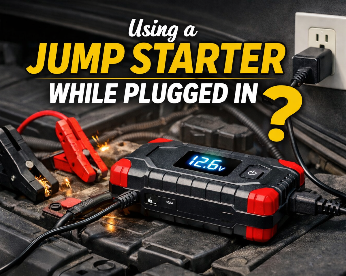 This is a cover image that discusses using a jump starter while plugged in.