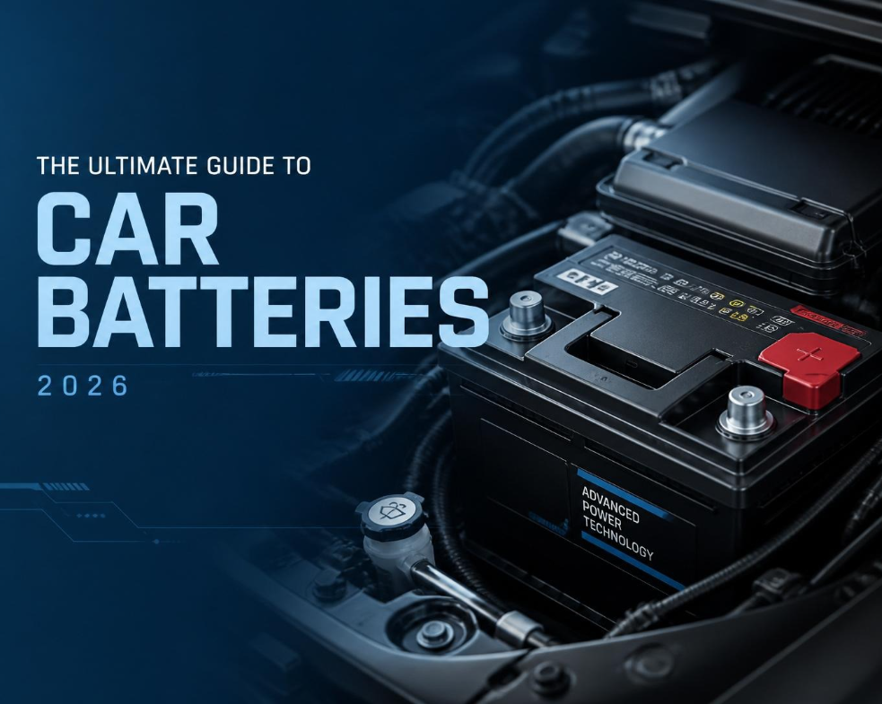 This is a cover image for The Ultimate Car Battery Guide 2026.