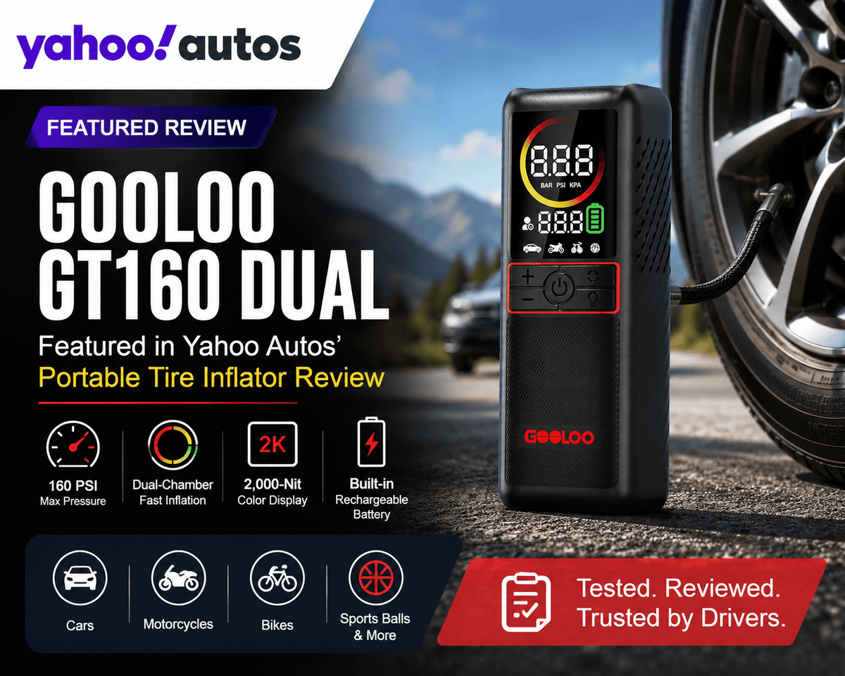 This is a cover image about the GOOLOO GT160 dual, featured in Yahoo Autos’ Portable Tire Inflator Review.