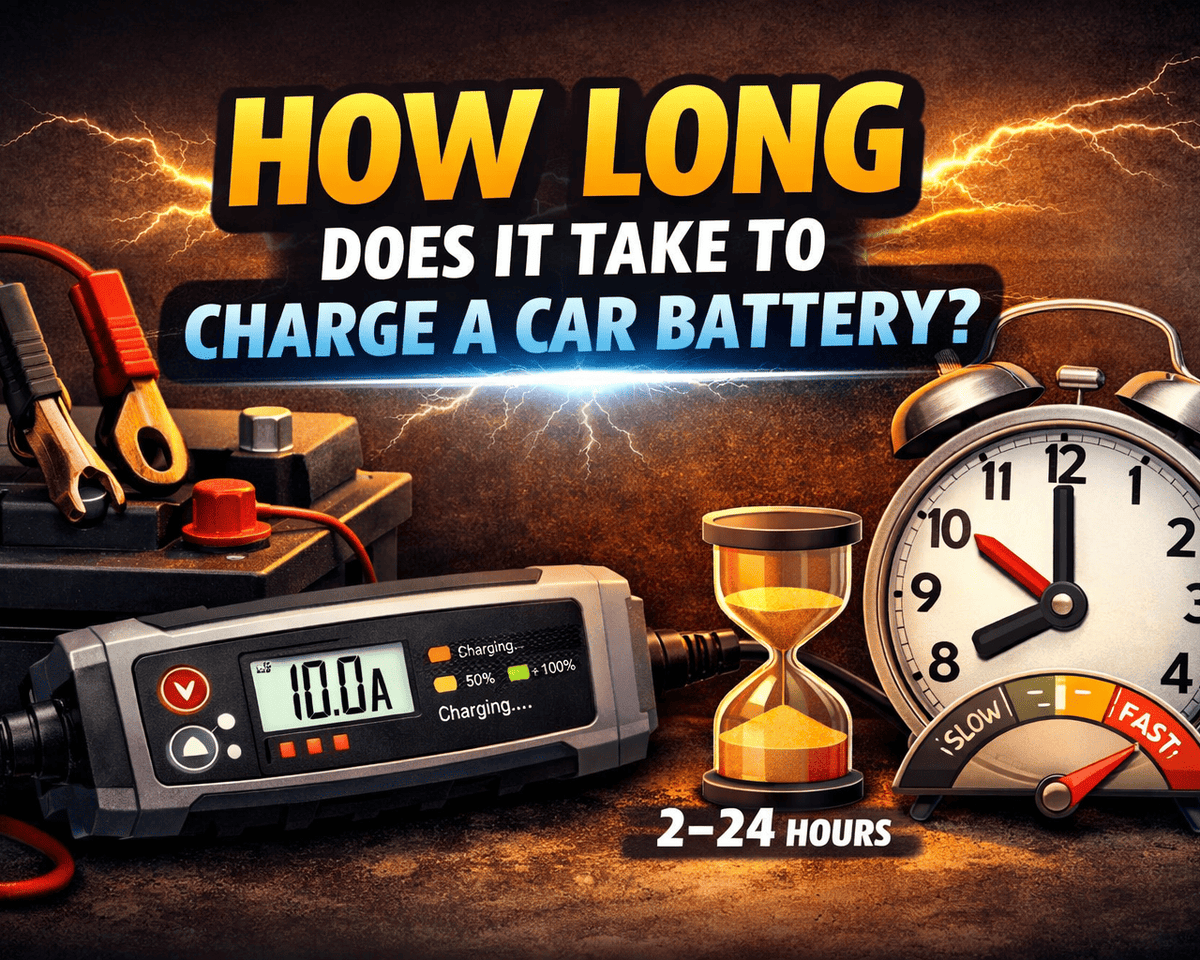 This is a cover image about how long does it take to charge a car battery.