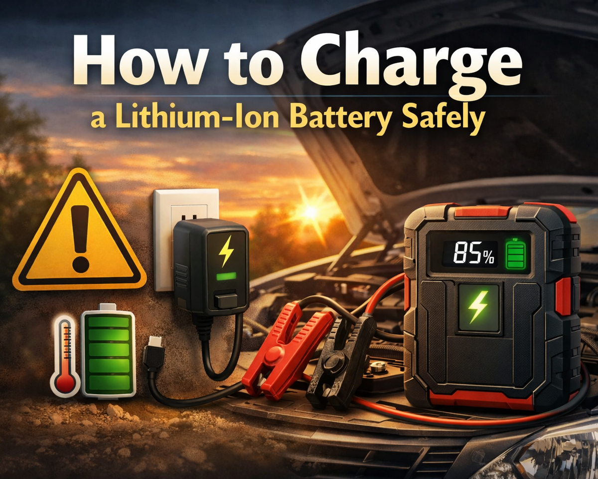 This is a cover image about charging a lithium ion battery safely.
