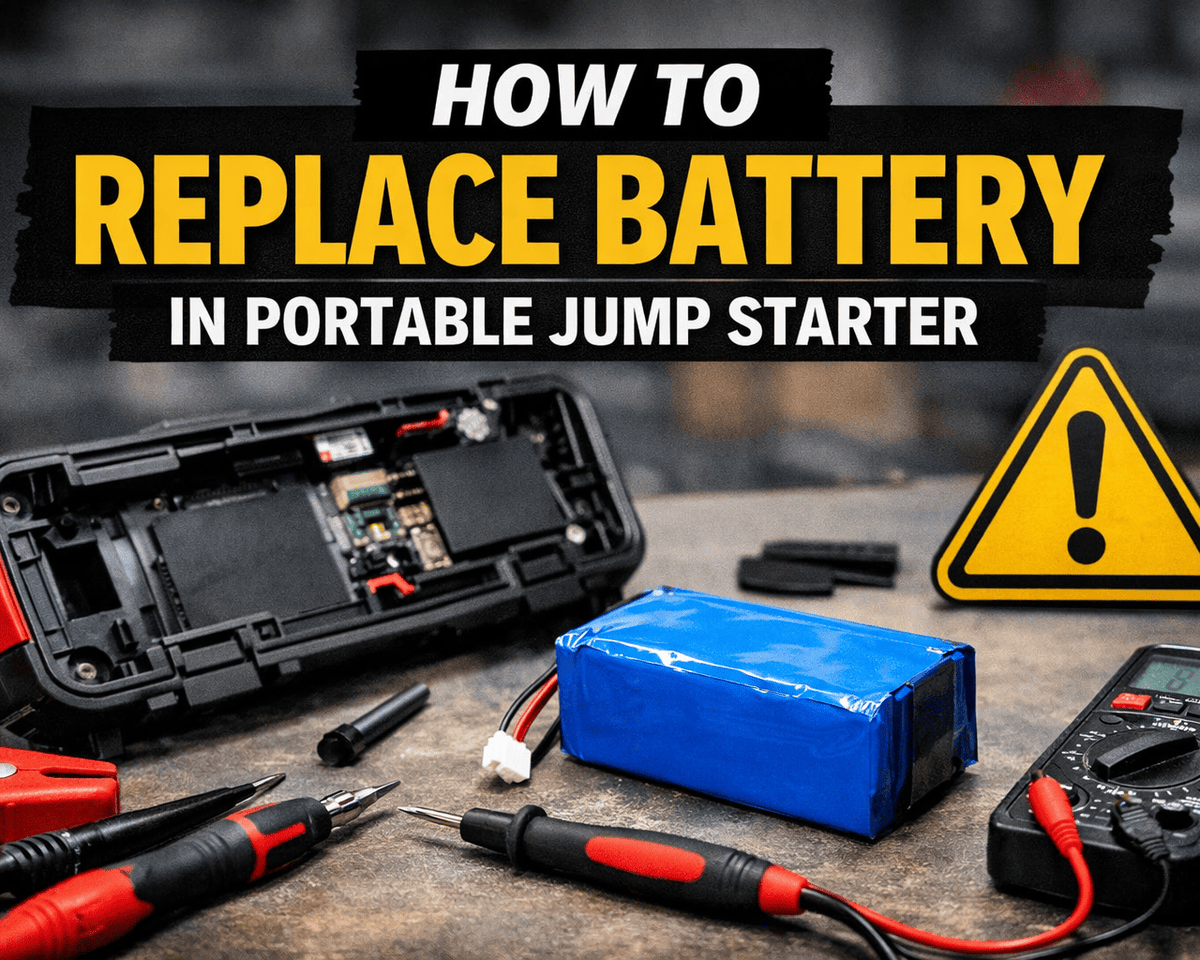 This is a cover image about replacing the battery in a jump starter.