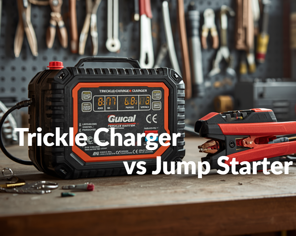 This is a cover image of the difference between trickle charger and jump starter.