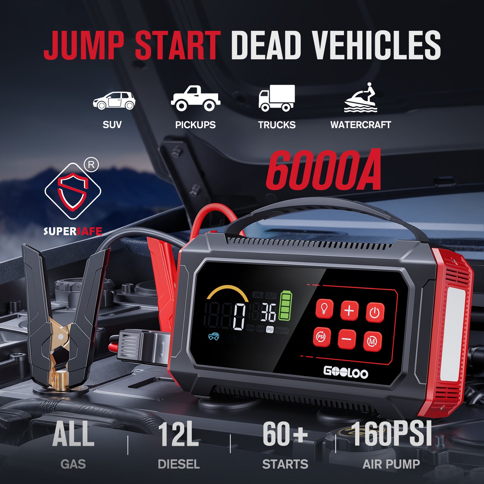 GOOLOO A9 Ultra 6000A Supersafe Jump Starter with Air Compressor