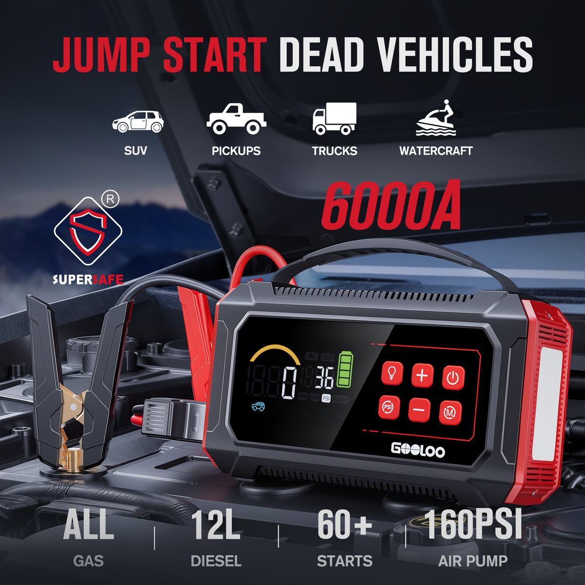 GOOLOO A9 Ultra 6000A Supersafe Jump Starter with Air Compressor