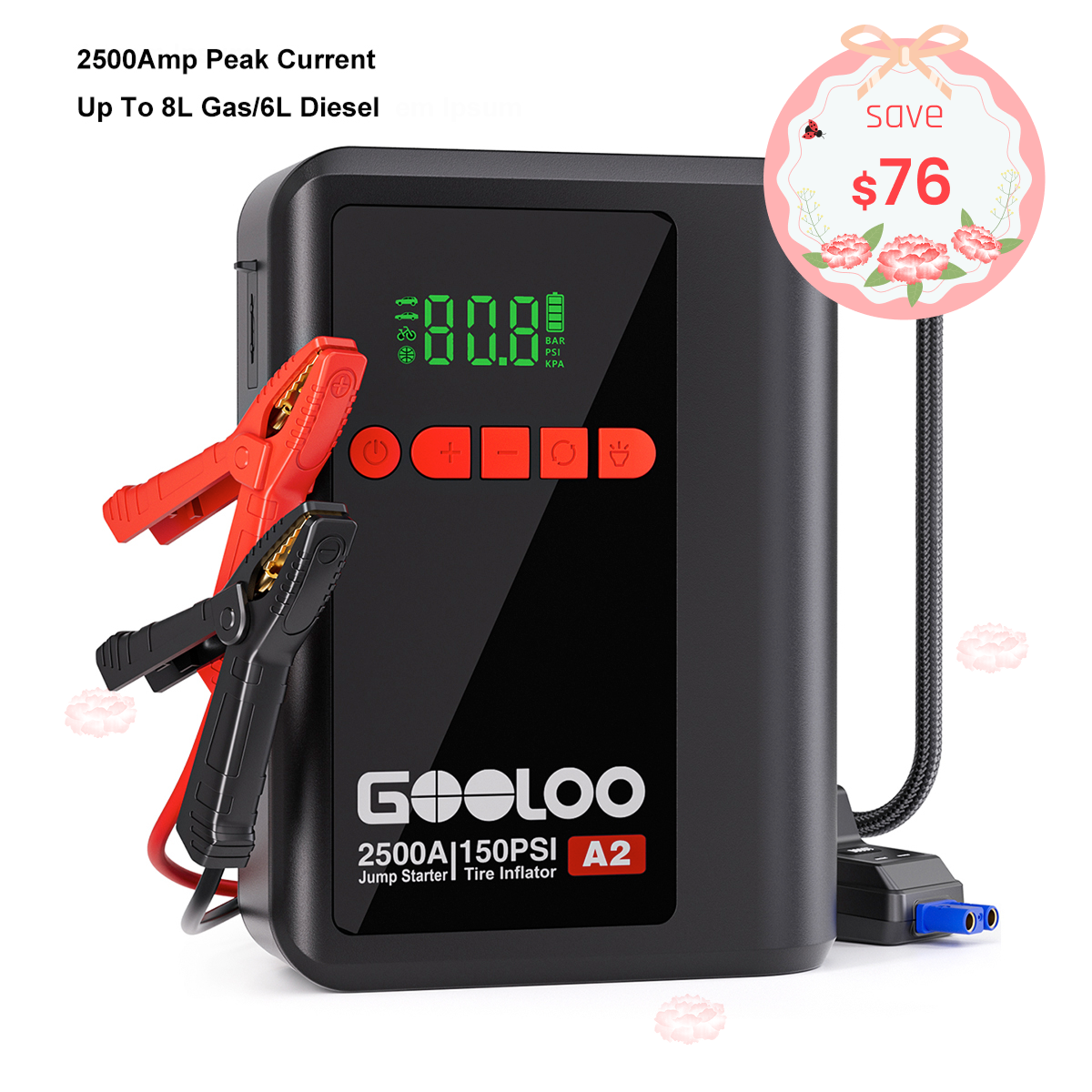 GOOLOO A2 Jump Starter with Air Compressor 2500Amp