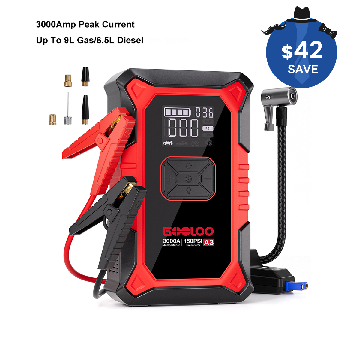GOOLOO A3 Jump Starter with Air Compressor 3000Amp