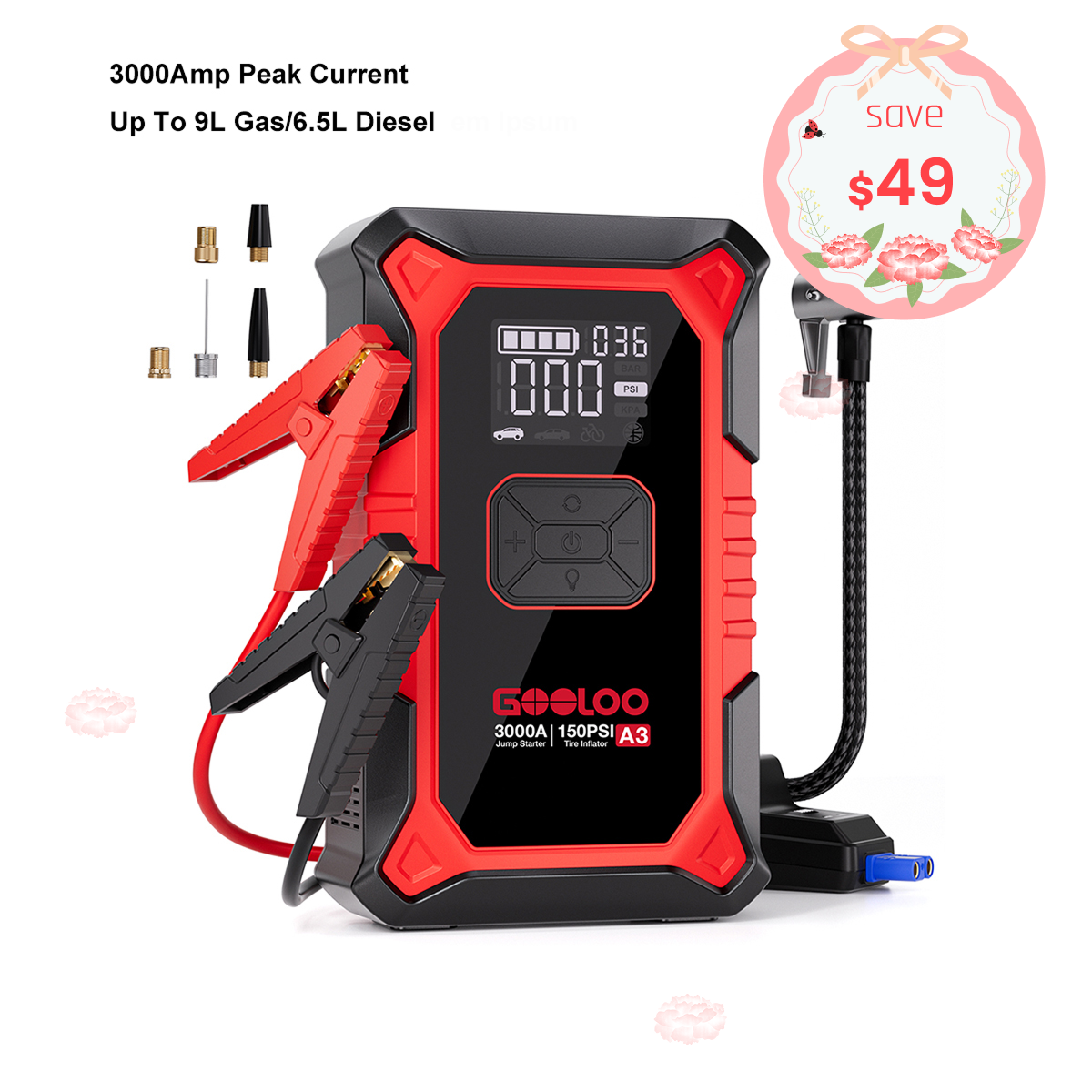 GOOLOO A3 Jump Starter with Air Compressor 3000Amp
