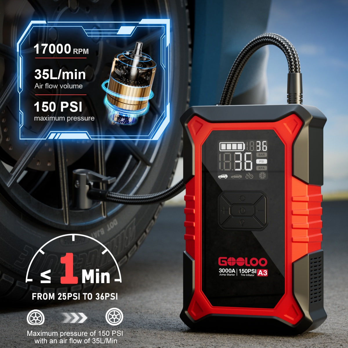 GOOLOO A3 Best Portable Jump Starter with Air Compressor